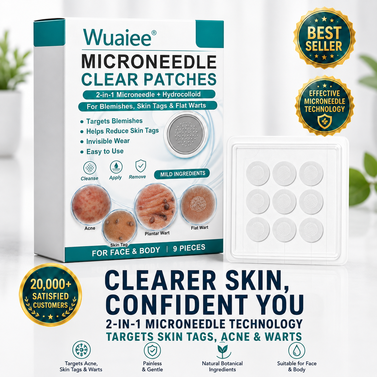Wuaiee®2-in-1 Microneedle & Hydrocolloid Patch🍀| Removes Raised Moles, Acne, Flat Warts & Skin Tags | Helps Improve Wrinkles, Scars & Blemishes | Invisible Patches for Face & Body